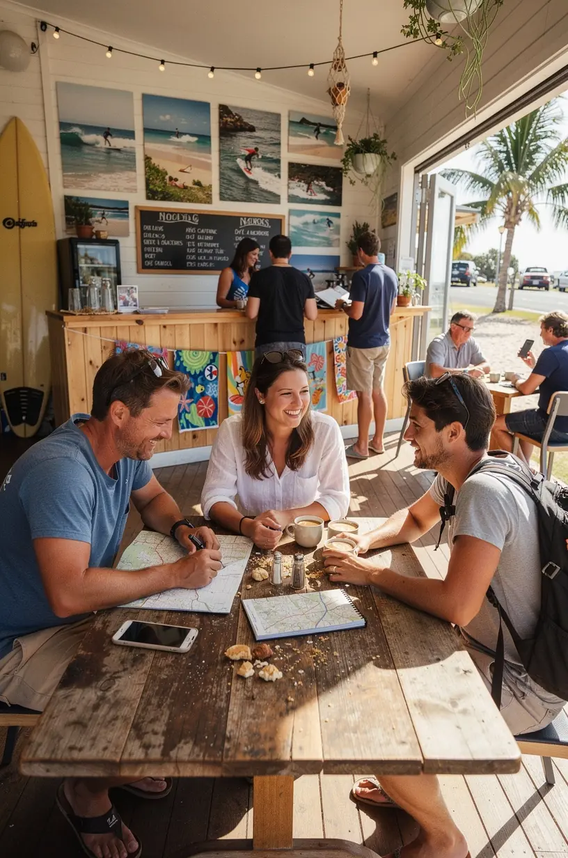 Traveler consulting a digital tablet with a coastal road trip planner app showing overnight accommodation options