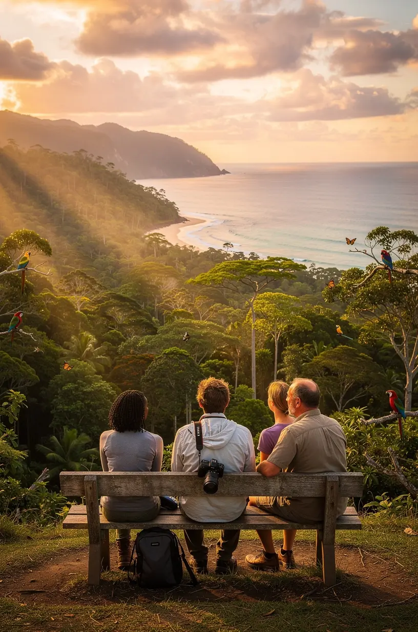 Panoramic view of a rugged coastline with scenic viewpoints marked along an Australian beach road trip itinerary
