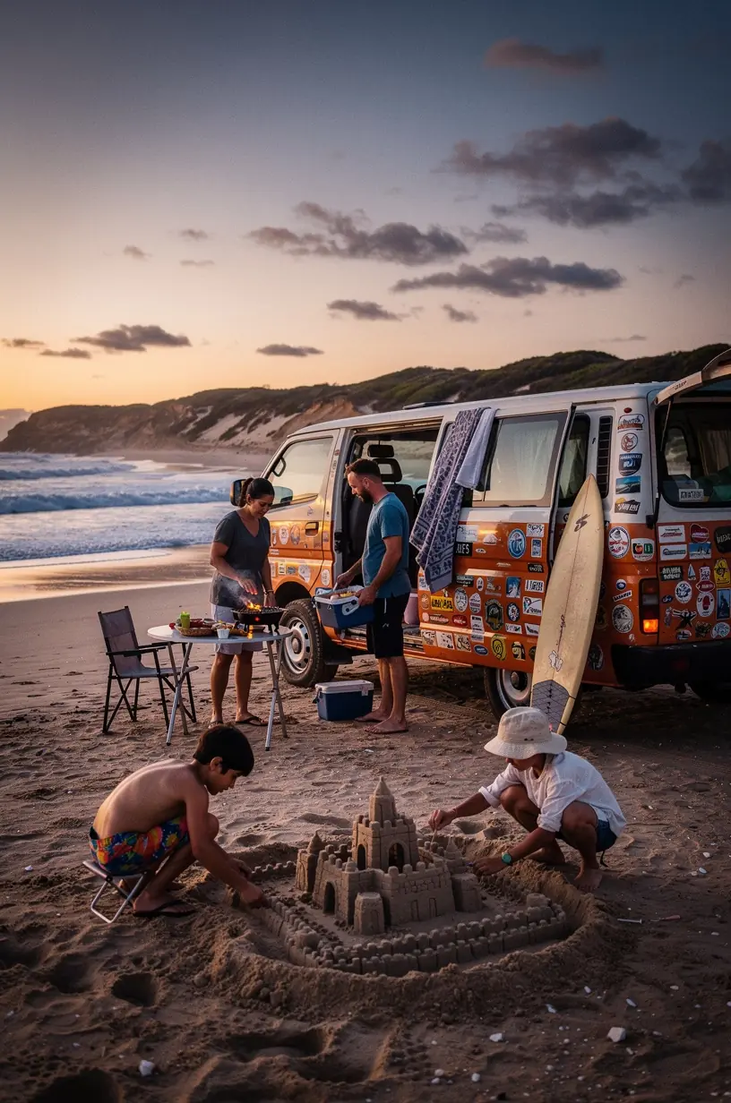 Family unpacking picnic supplies at a designated beach stop during an Australian coastal driving adventure